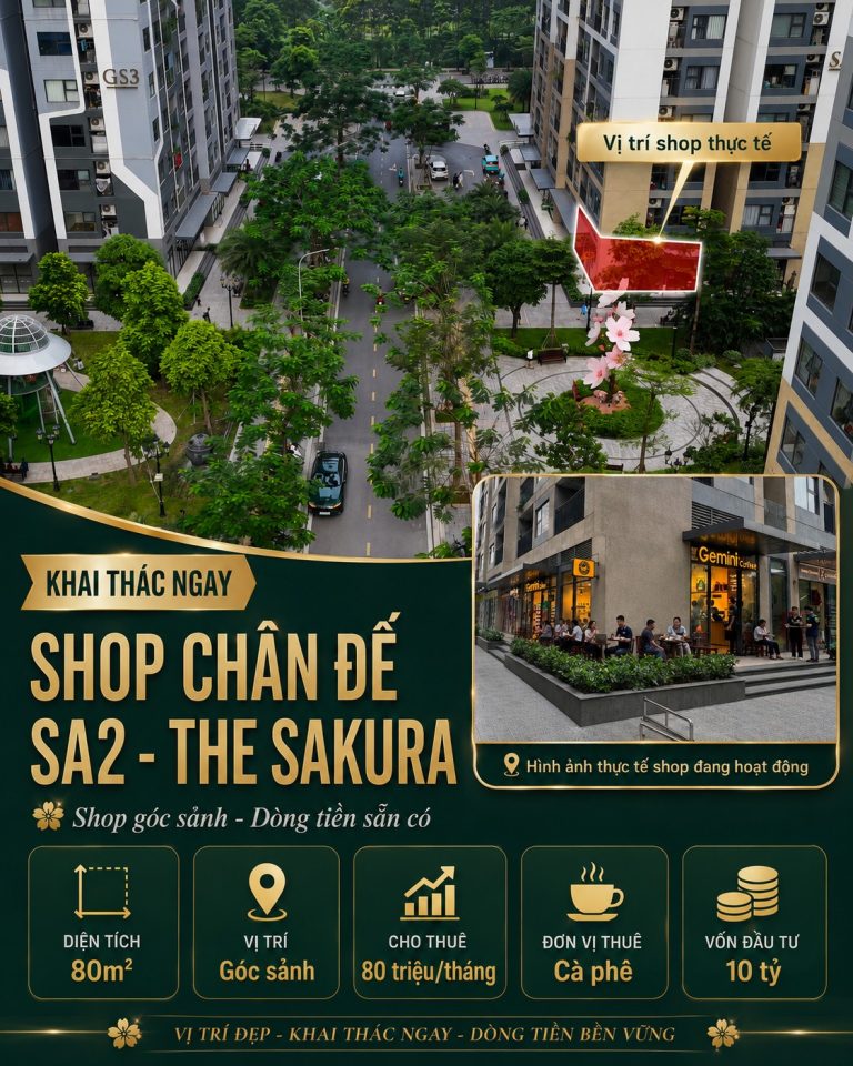 Bán shop chân đế sa2. 01s16 the sakura vinhomes smart city đang cho gemini cafe thuê 80 triệu/tháng. Vốn bỏ ra chỉ từ 8 tỷ