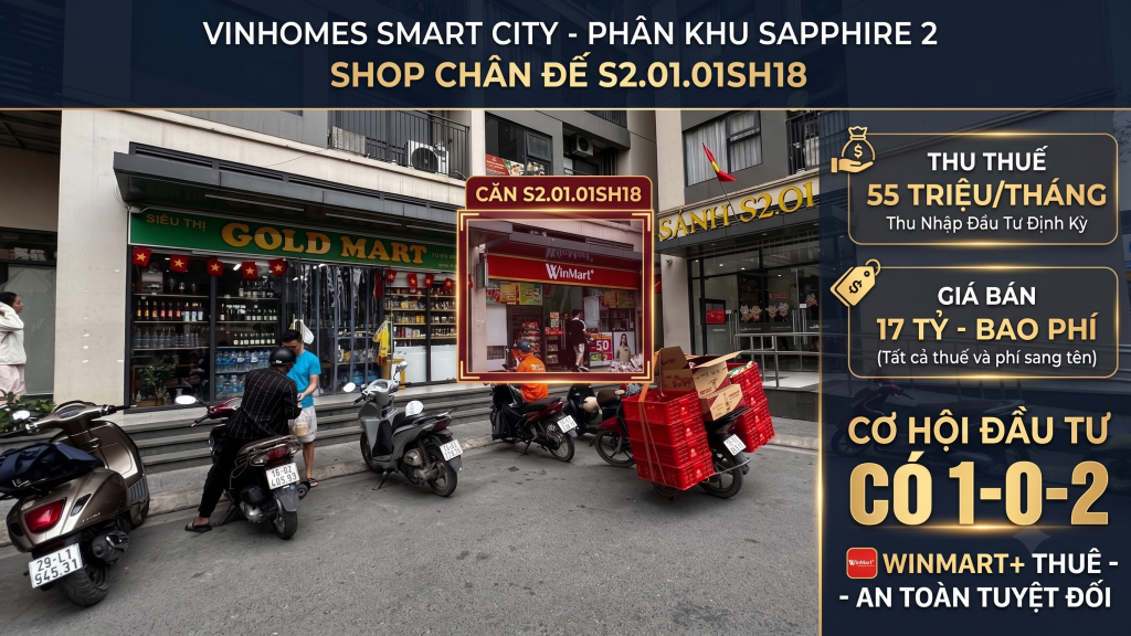 Bán Shop Chân Đế Sapphire 2 S201.01SH18 Vinhomes Smart City Winmart+ Thuê 55 Triệu/tháng, Giá 17 Tỷ Bao Thuế Phí. Cơ Hội Đầu Tư Có 1-0-2